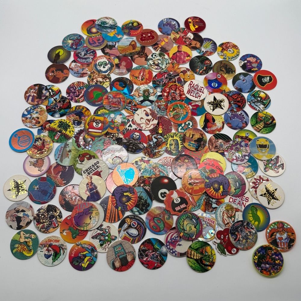 Vintage 90s POG Lot 130+ Slammers Holographic Shaped Skull Milk Caps Disney NBA